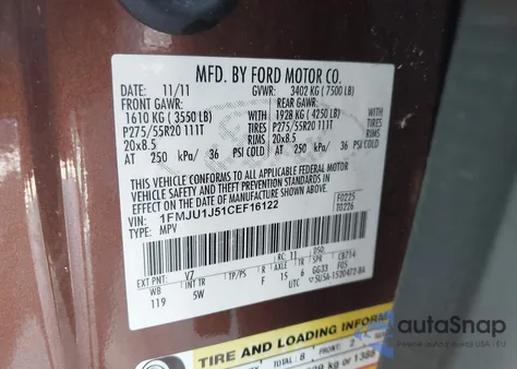 2012 Ford Expedition King Ranch из США, поврежденный, VIN 1FMJU1J51CEF16122